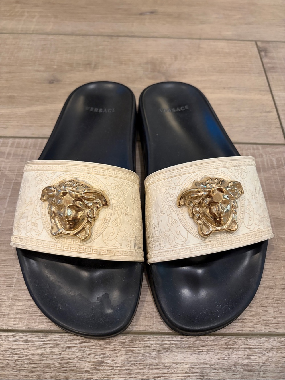 Versace Black and Beige Medusa Slide Sandals with Gold Emblems